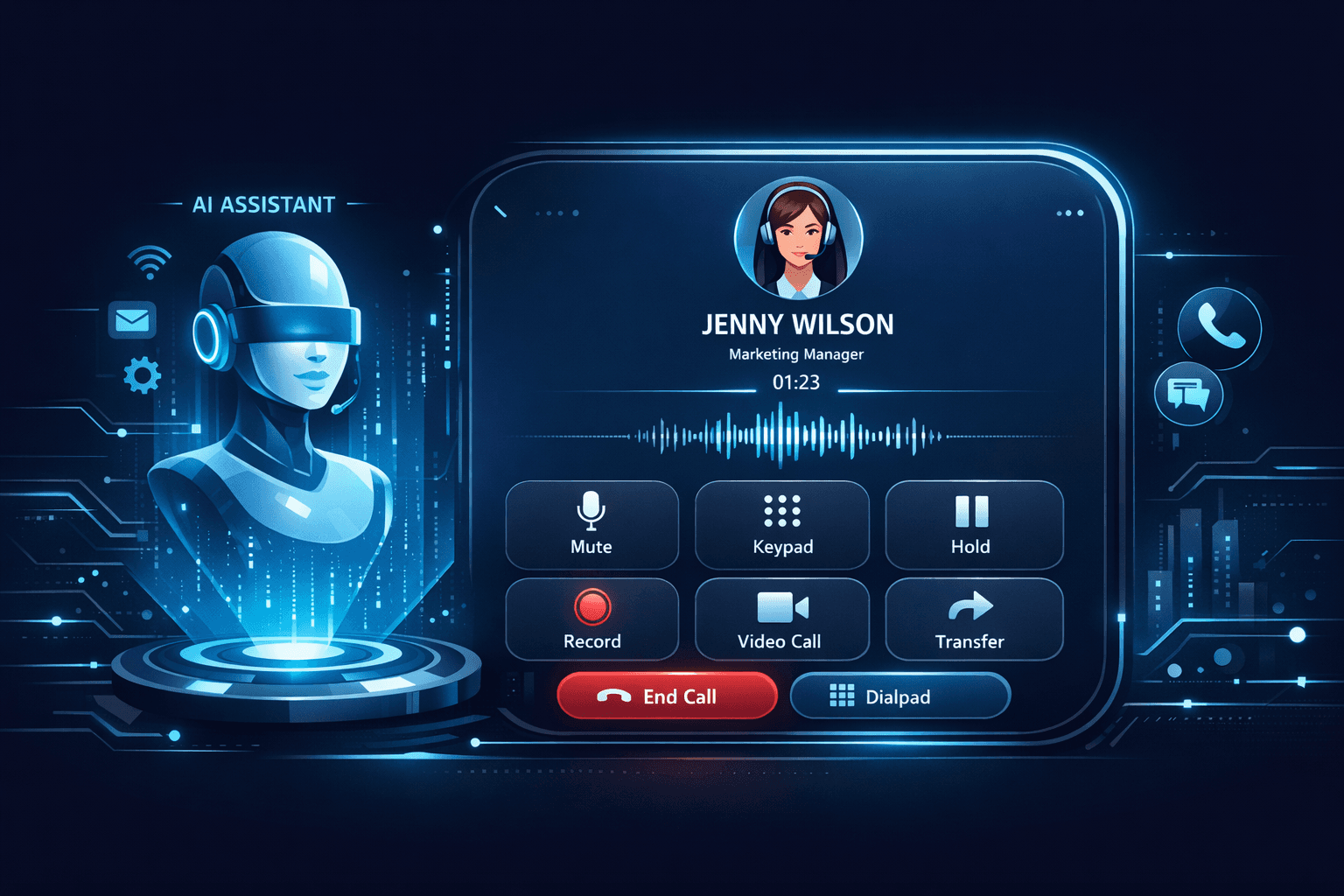 Illustration of an AI-powered phone system handling calls with a futuristic user interface.