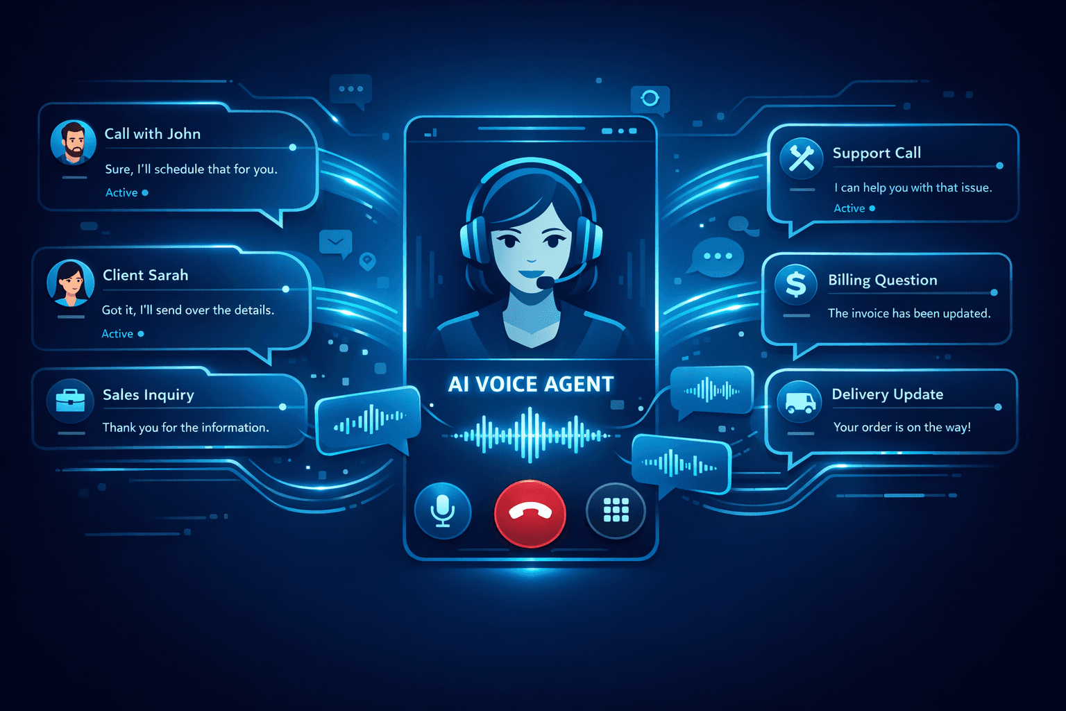 AI voice agent illustration demonstrating inbound and outbound call automation.