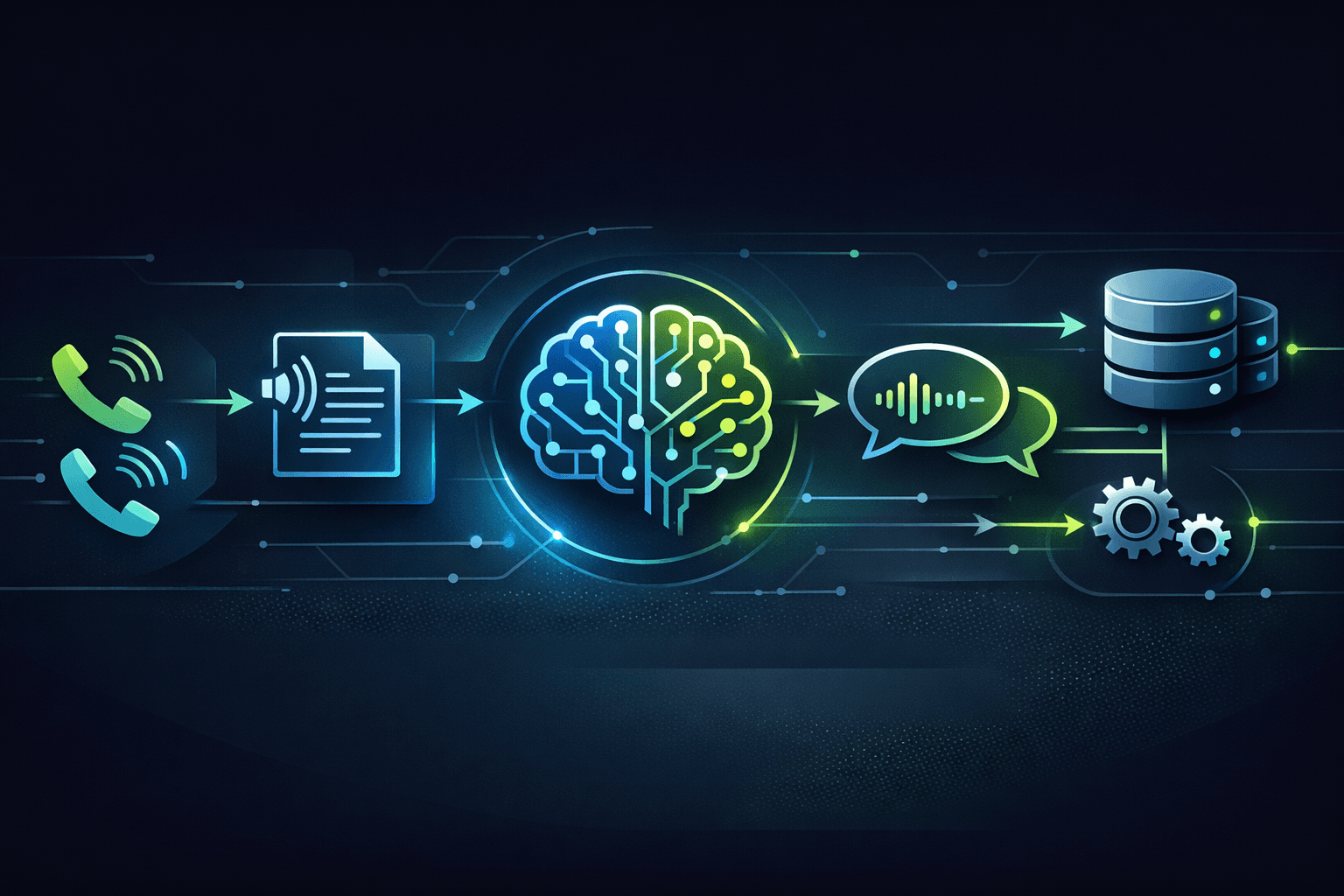 A system diagram showing an AI voice agent connected to speech services, an LLM, a CRM, and workflow APIs.