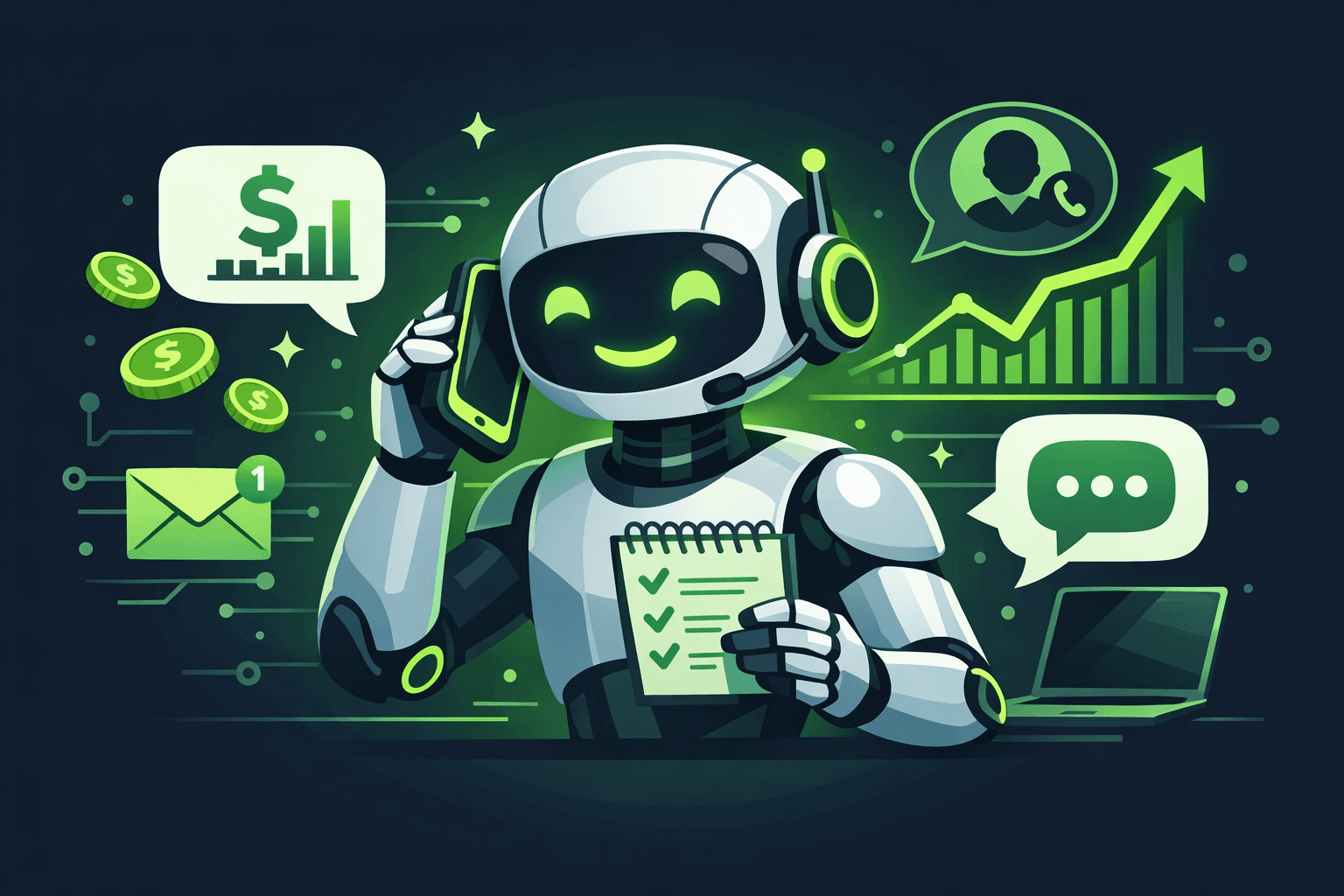 Illustration of an AI robot making a sales call.
